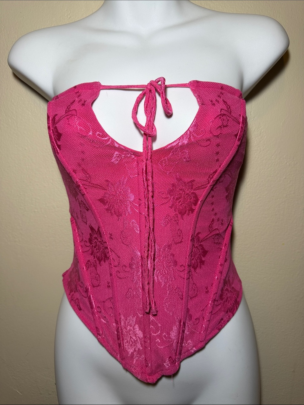 Strapless Hot Pink Floral Lace Bandeau Bustier with Front Tie